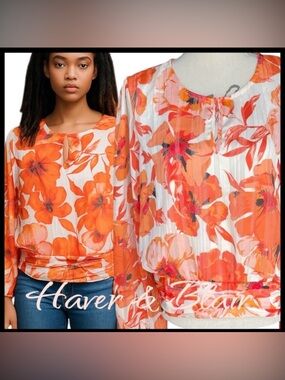Haver & Blair London Orange/White Gold Thread Floral Scoop Neck Boho Top (XL)